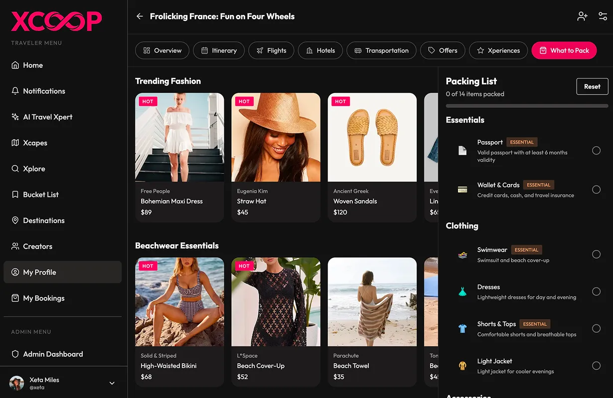 The traveler menu: offers, shop, and a packing list